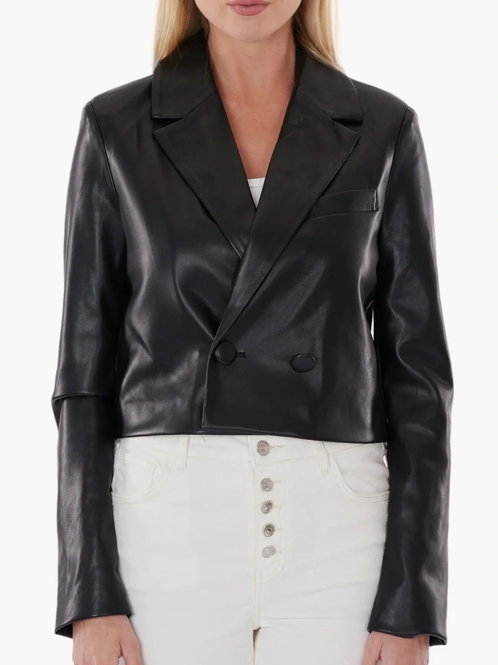Dolce Cabo Vegan Leather Double Breasted Cropped Blazer